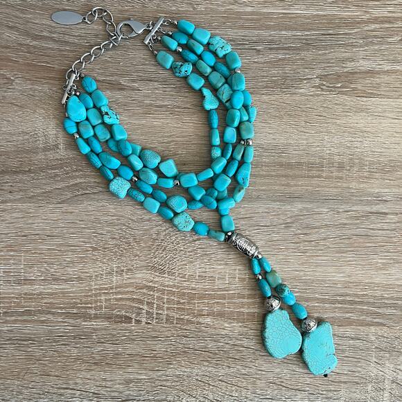 Chico's Faux Turquoise Bead Quad Strand Y Chunky Necklace Silver Tone - Picture 4 of 9